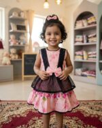 Baby girl in a luxury baby pink net frock with large 3D roses and pearl neckline.