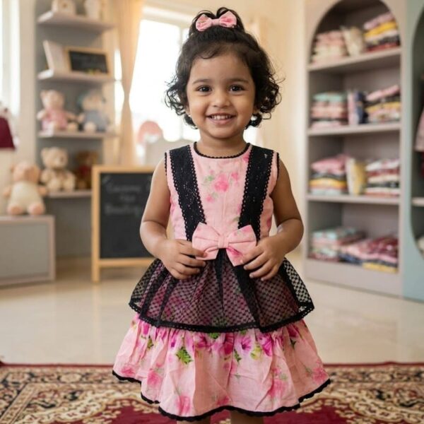 Baby girl in a luxury baby pink net frock with large 3D roses and pearl neckline.