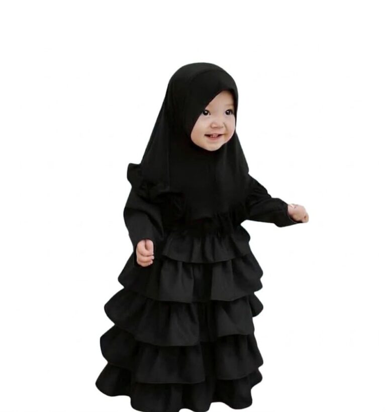 Black Layered Baby Borka and Hijab Set for Girls