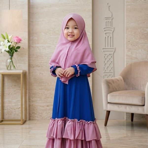 Blue and Pink Baby Borka with Layered Frill Hijab Set