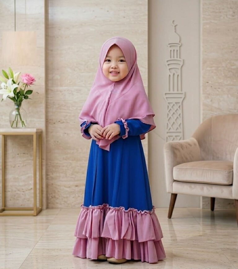 Blue and Pink Baby Borka with Layered Frill Hijab Set