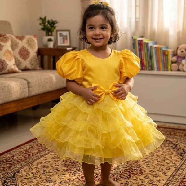 Bright yellow ruffle party dress for baby girl with front bow and puff sleeves.