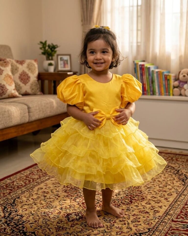 Bright yellow ruffle party dress for baby girl with front bow and puff sleeves.