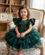 Emerald green tiered ruffle party dress for baby girl with satin bow and 3D flower detail.