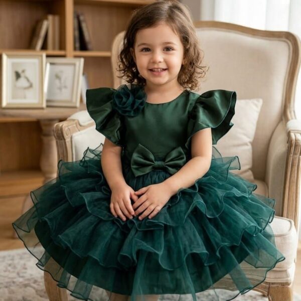 Emerald green tiered ruffle party dress for baby girl with satin bow and 3D flower detail.