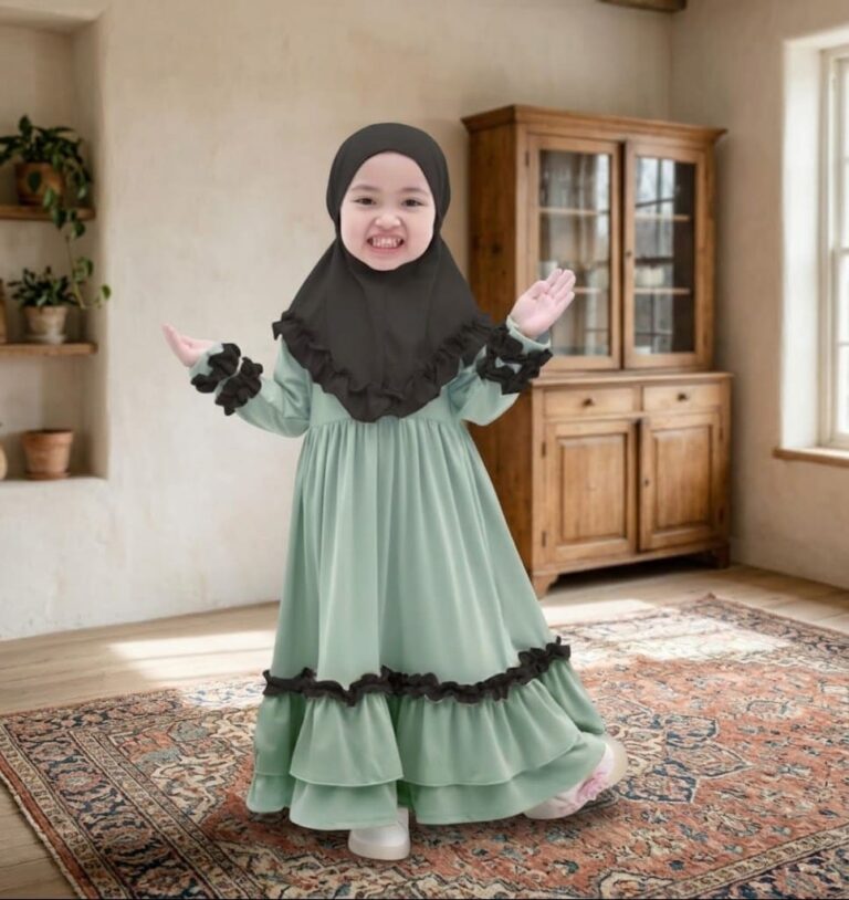 Light Green Baby Borka with Black Frill Hijab Set