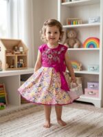 Magenta sleeveless party dress for girls with floral embroidery on bodice and colorful printed skirt.