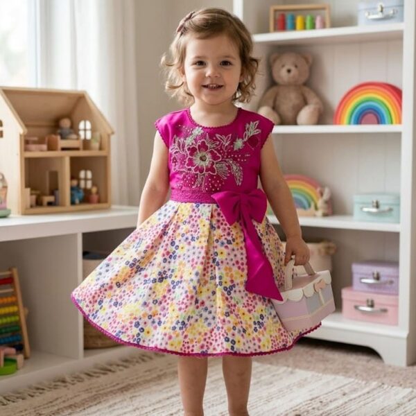 Magenta sleeveless party dress for girls with floral embroidery on bodice and colorful printed skirt.