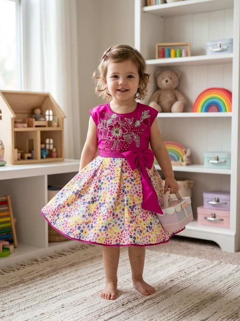 Magenta sleeveless party dress for girls with floral embroidery on bodice and colorful printed skirt.