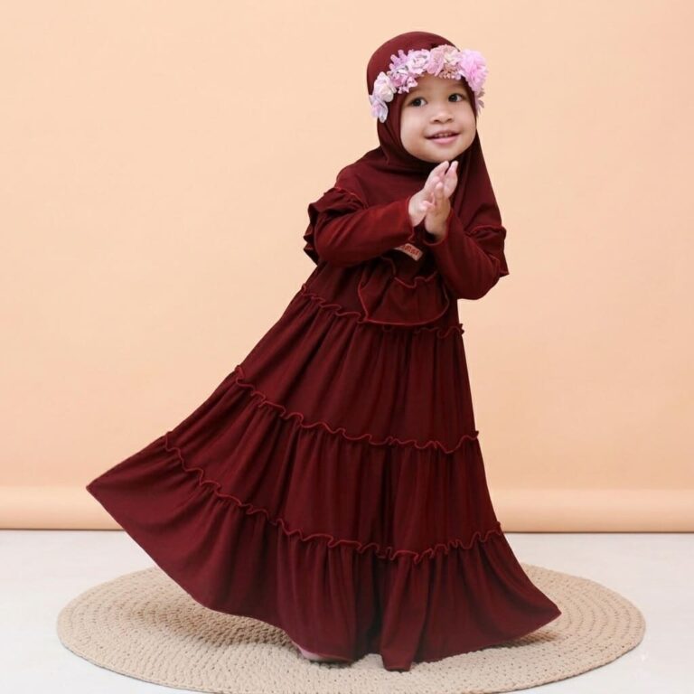 Maroon Layered Baby Girl Borka with Flower Hijab Set