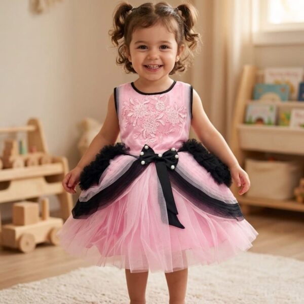 Baby girl in a pink net party dress with black net frills, embroidery work, and a bow.
