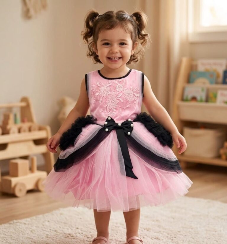 Baby girl in a pink net party dress with black net frills, embroidery work, and a bow.