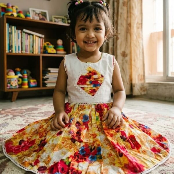 White sleeveless baby girl dress with colorful floral print skirt and diamond-shaped chest embroidery.