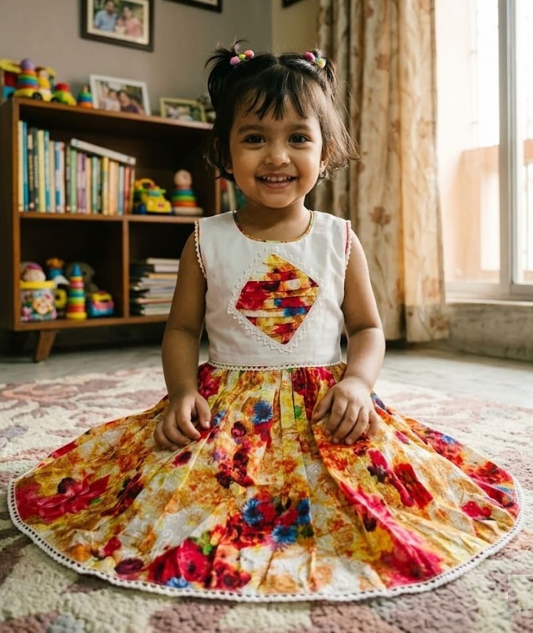White sleeveless baby girl dress with colorful floral print skirt and diamond-shaped chest embroidery.