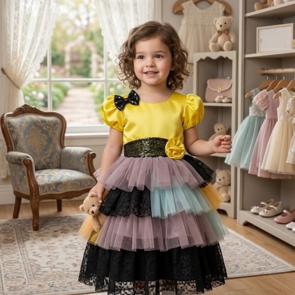 Yellow and multicolor layered party dress for girls with black sequin bow and lace tiers.
