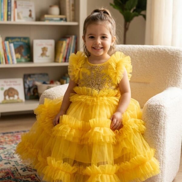 Little girl wearing a bright yellow layered ruffle net party gown with golden floral embroidery.