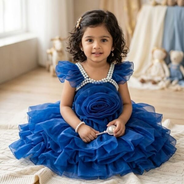Royal blue rose party dress for girls with pearl beaded neckline and tiered net layers.