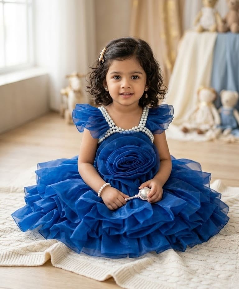Royal blue rose party dress for girls with pearl beaded neckline and tiered net layers.