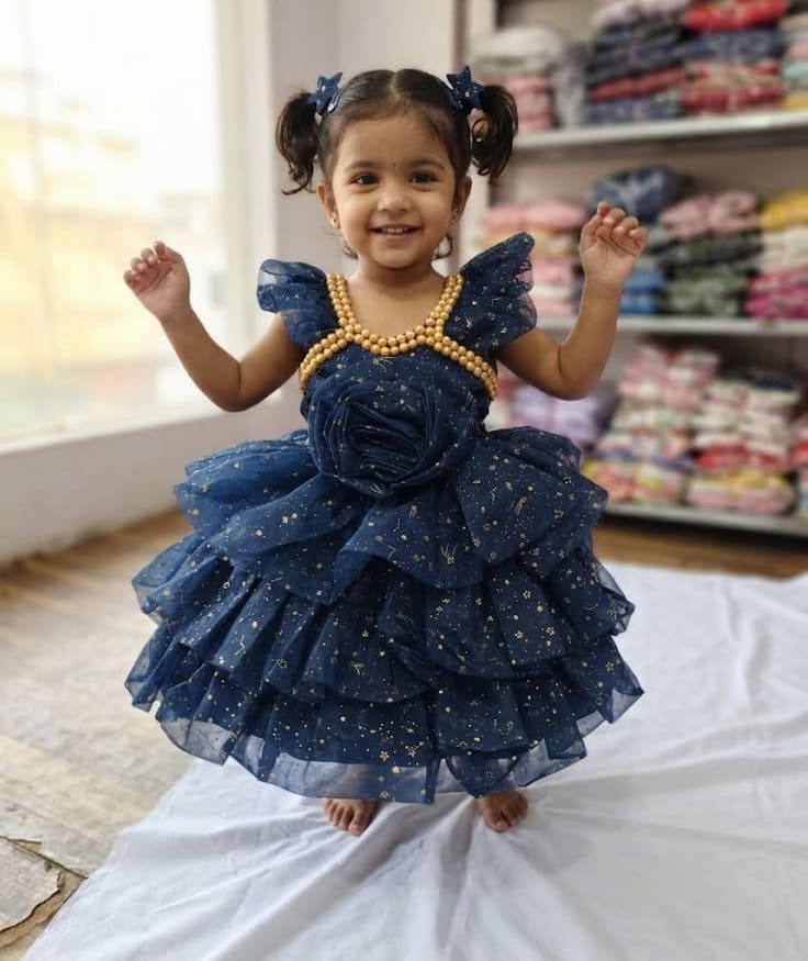 Baby girl wearing a royal navy blue shimmery net party frock with golden pearls and 3D rose