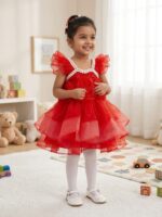 Baby girl wearing a vibrant red layered net party dress with 3D roses and pearl neckline.