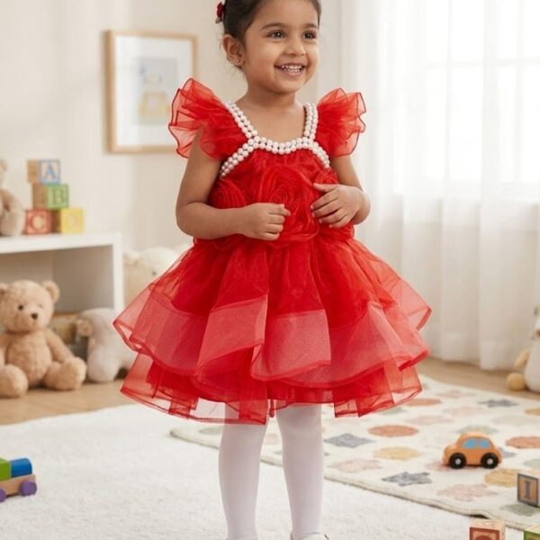 Baby girl wearing a vibrant red layered net party dress with 3D roses and pearl neckline.