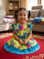 Toddler girl wearing a lime yellow floral print cotton dress with blue ruffle sleeves and eyelet lace hem.