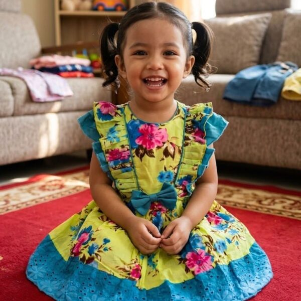 Toddler girl wearing a lime yellow floral print cotton dress with blue ruffle sleeves and eyelet lace hem.