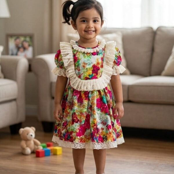 Little girl wearing a colorful floral print dress with white lace frills on the chest and hem.