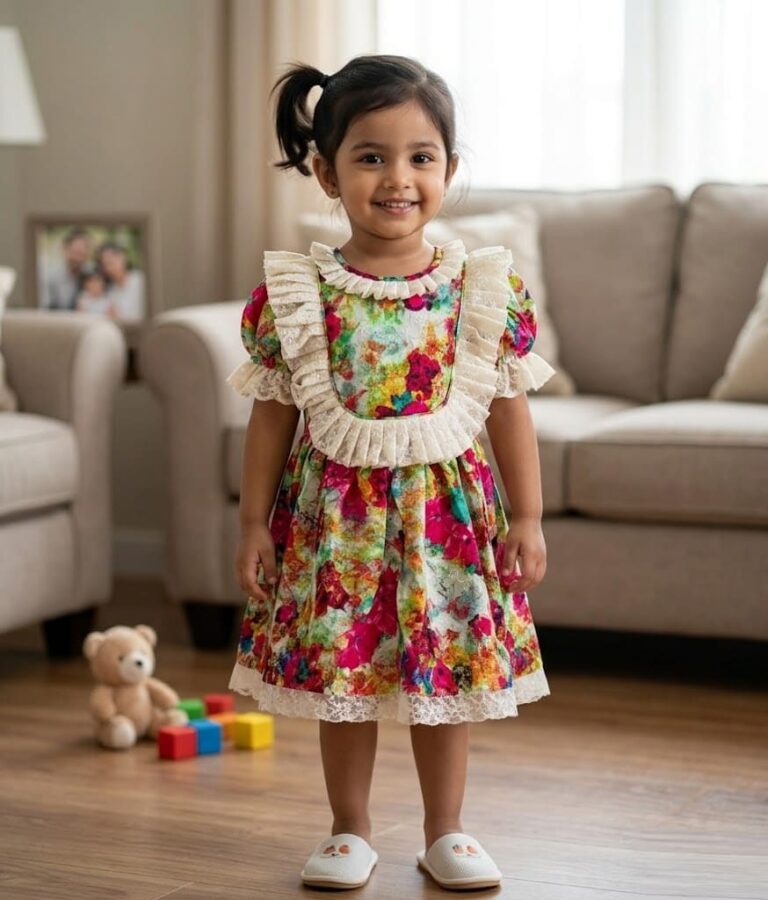 Little girl wearing a colorful floral print dress with white lace frills on the chest and hem.