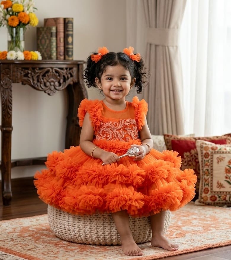 Little girl wearing a bright orange layered ruffle party dress with intricate pearl and floral embroidery on the bodice.