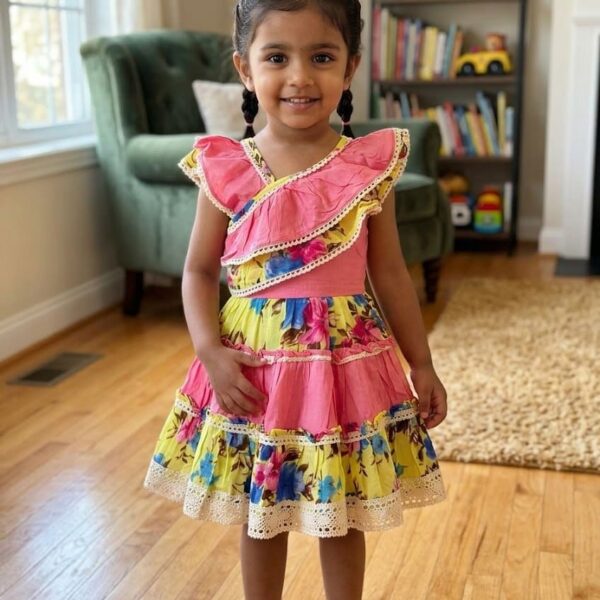 Little girl wearing a pink and yellow floral tiered cotton dress with ruffle shoulders and decorative crochet lace trimming