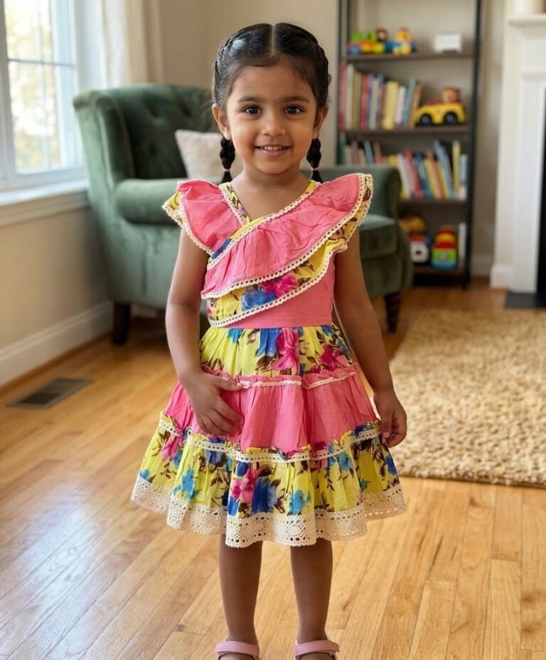 Little girl wearing a pink and yellow floral tiered cotton dress with ruffle shoulders and decorative crochet lace trimming