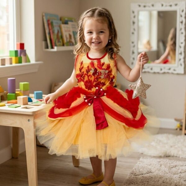 Little girl wearing a yellow tulle party dress with red floral embroidery, red waist bow, and pearl details.