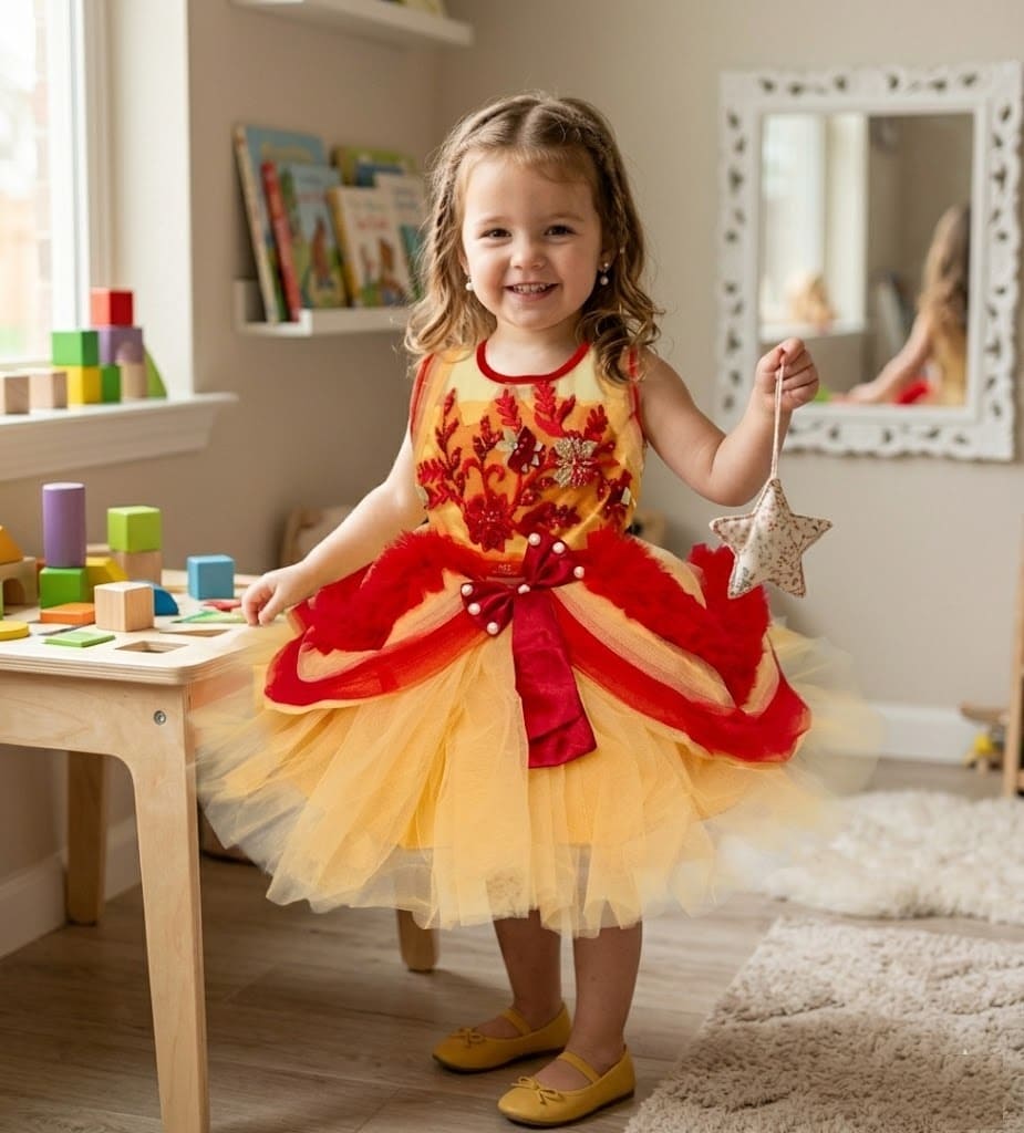 Little girl wearing a yellow tulle party dress with red floral embroidery, red waist bow, and pearl details.