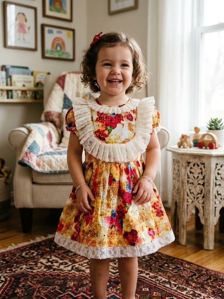 Vintage Floral Print Party Dress with White Lace Ruffle hkd988b Little girl smiling in a vibrant floral print yellow and red dress with white lace ruffle details.