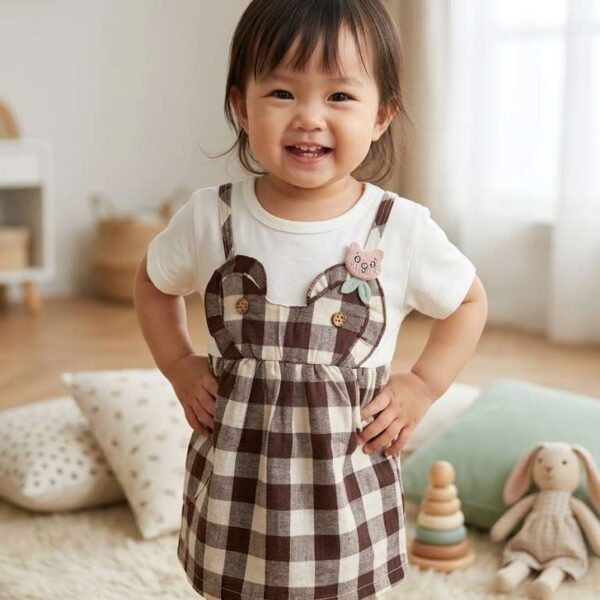 Adorable Brown Checkered Pinafore Dress with Cute Bear Ears Design