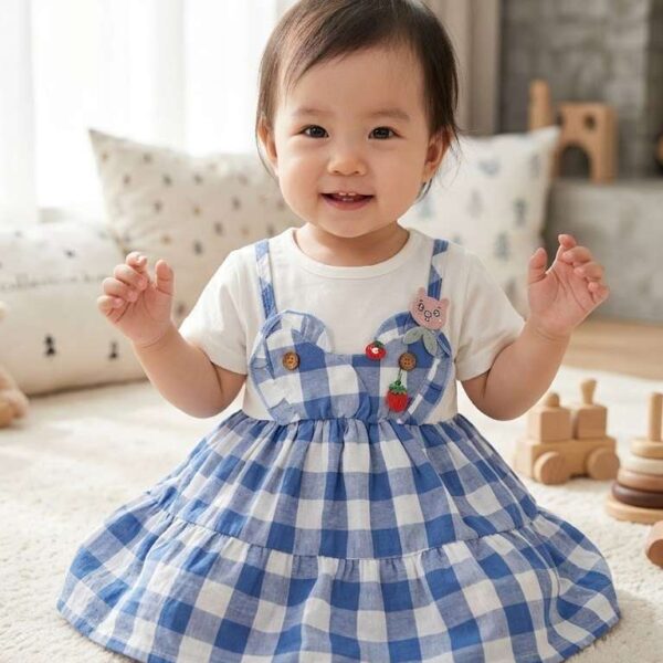 Beautiful Blue & White Check Frock with Cute Strawberry Brooch Set