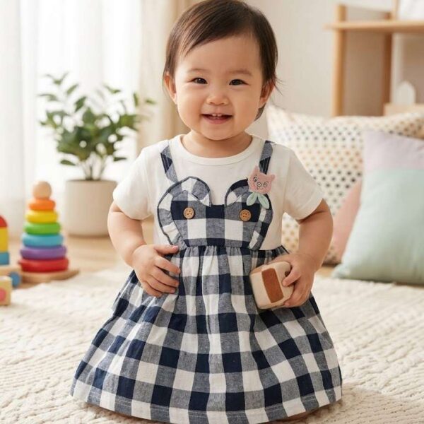 Beautiful Dark Blue & White Checkered Party Dress for Baby Girls