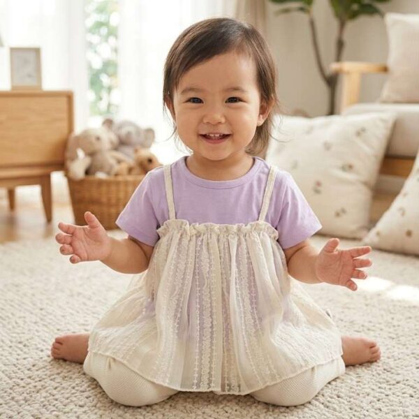 Cute 2-Piece Purple T-Shirt with White Lace Overlay Dress for Toddlers