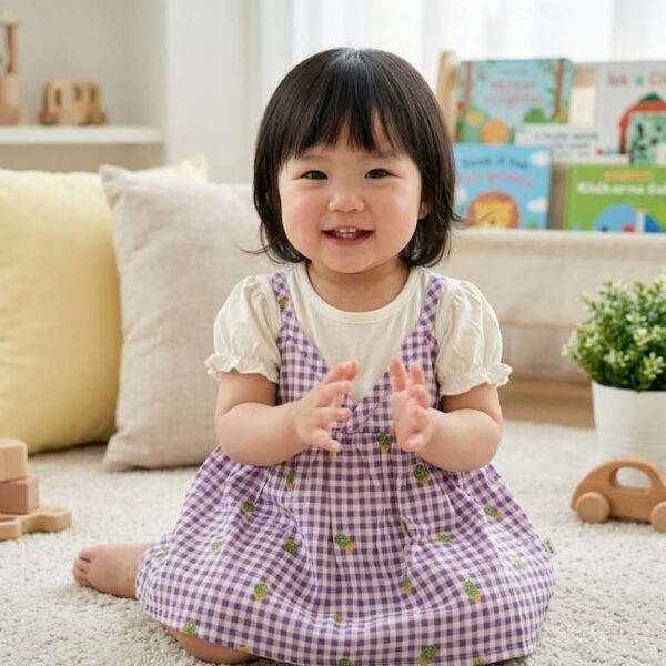 Cute Purple Gingham Checkered Pinafore Dress Set for Baby Girls