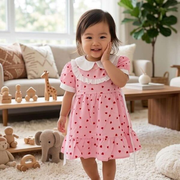 Lovely Pink Cotton Frock with Red Heart Print & Frill Collar for Girls CKD-555