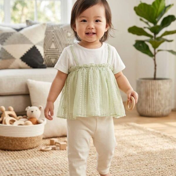 Premium 3-Piece White Top, Pastel Green Lace Dress & Leggings Set