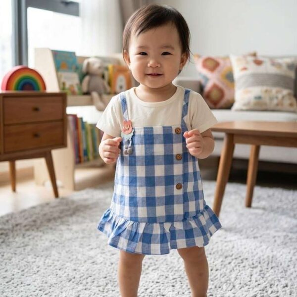 Premium Blue & White Grid Pattern Overall Frock Set with Cute Badge