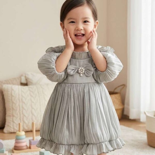 Premium Grey Shiny Party Frock with Elegant Bow for Baby Girls