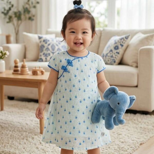 Premium Light Blue Floral Embroidered A-Line Party Dress for Girls