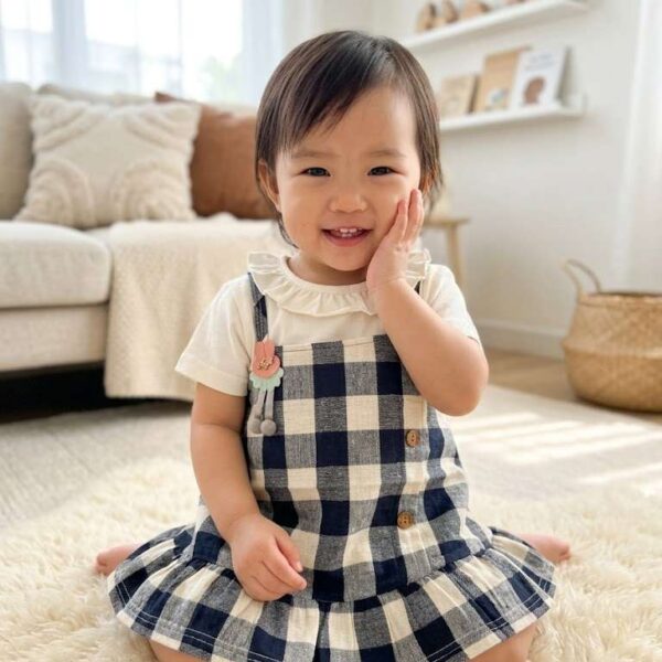 Stylish Navy Blue Check Overall Dress Set with Frill Neck T-Shirt