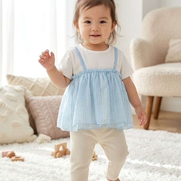Stylish White T-Shirt and Light Blue Lace Dress Set with Leggings