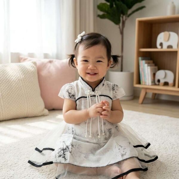 Traditional Style Elegant White Silk & Tulle Party Dress for Toddlers