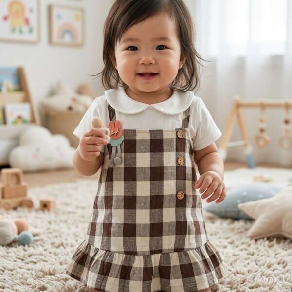 Trendy Brown Gingham Plaid Dress with Button Accents for Kids CKD-567