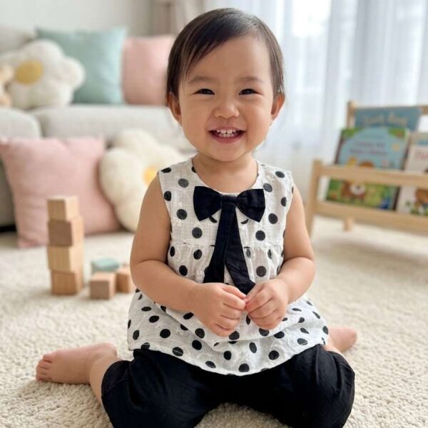 Trendy Sleeveless Polka Dot Top with Black Bow and Pants Set for Kids